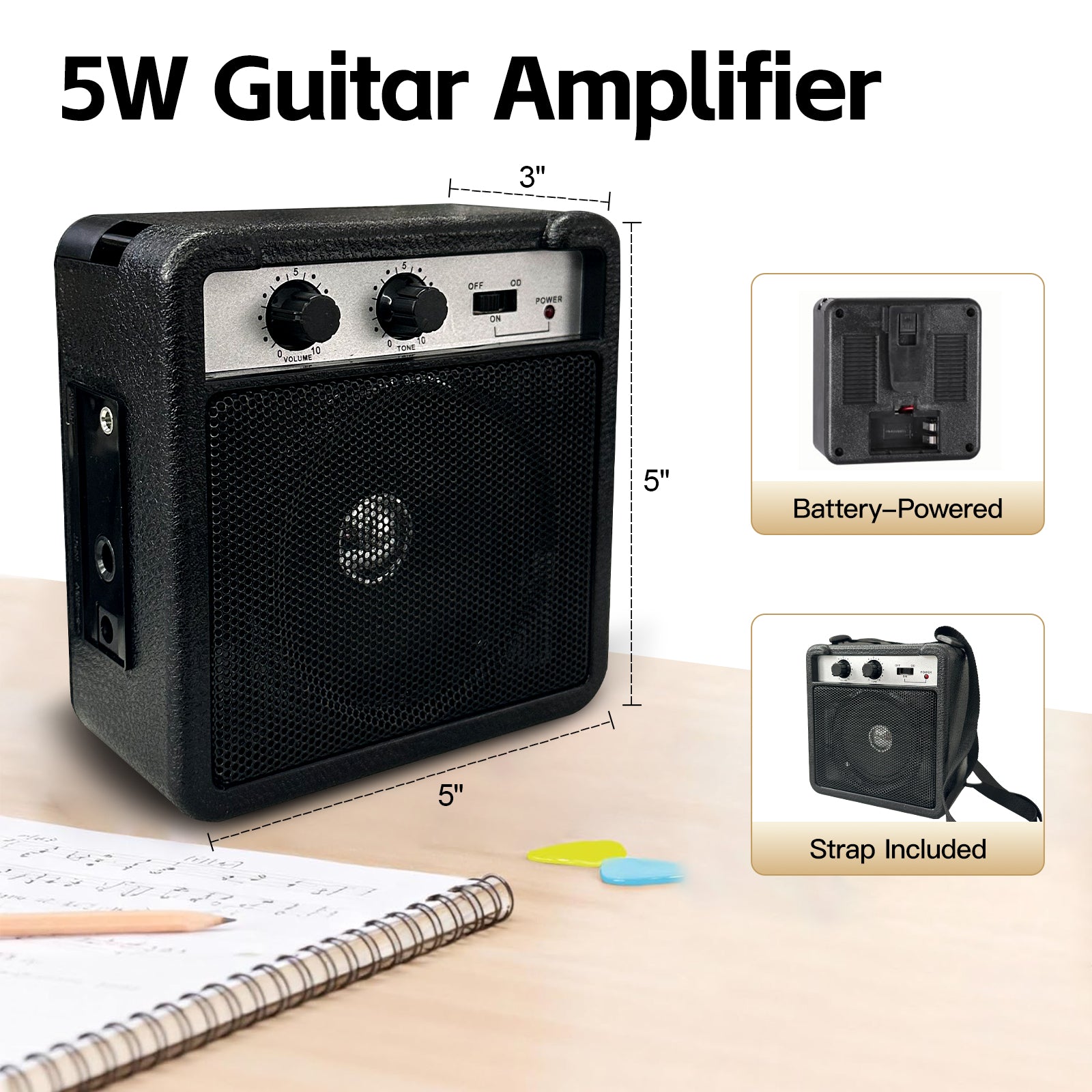 GOLDRIFF 5W mini guitar amplifier, battery-powered with carrying strap, volume and tone controls, included in kids electric guitar kit