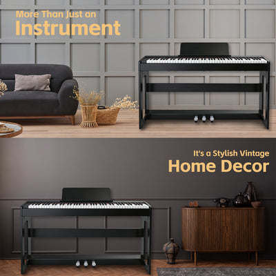 GOLDRIFF 88-key digital piano with elegant furniture stand in black, styled as home decor in modern and vintage living rooms