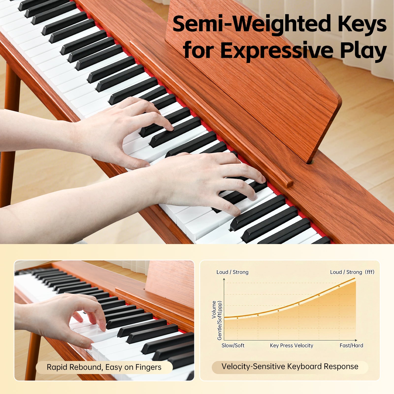 GOLDRIFF 88-key semi-weighted keyboard with velocity-sensitive response, simulating the dynamic touch of an acoustic piano