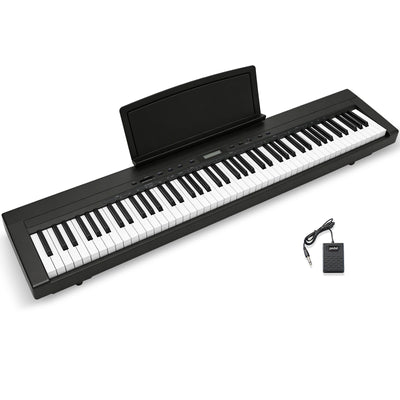 GOLDRIFF 88-key weighted digital piano in black with music rest stand and sustain pedal included