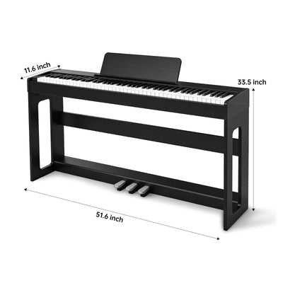 GOLDRIFF 88-key weighted digital piano with furniture stand in black, dimensions 51.6 x 33.5 x 11.6 inches with triple pedal