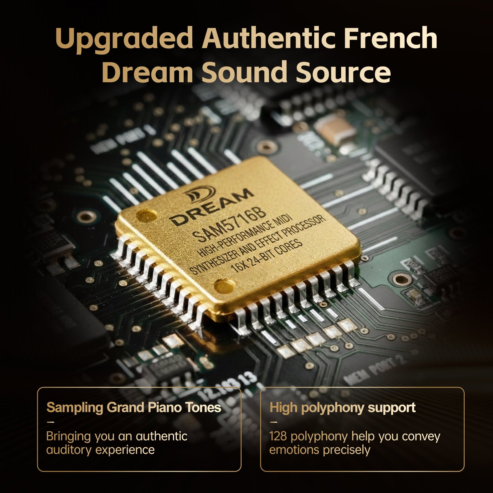GOLDRIFF digital piano with French Dream sound chip delivering 128 polyphony and authentic grand piano tones