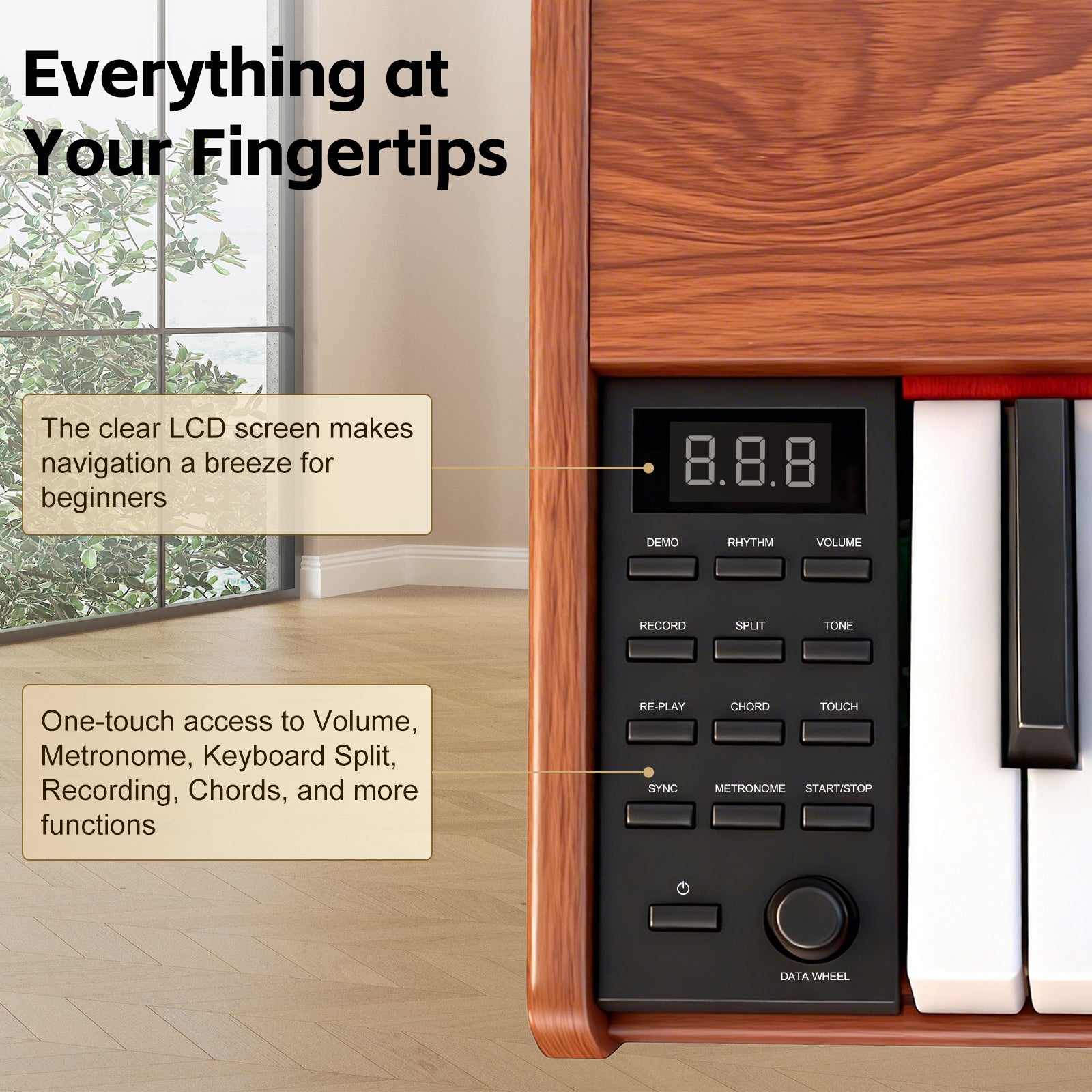 GOLDRIFF digital piano intuitive LCD control panel with one-touch metronome, split, record and chord functions for beginners