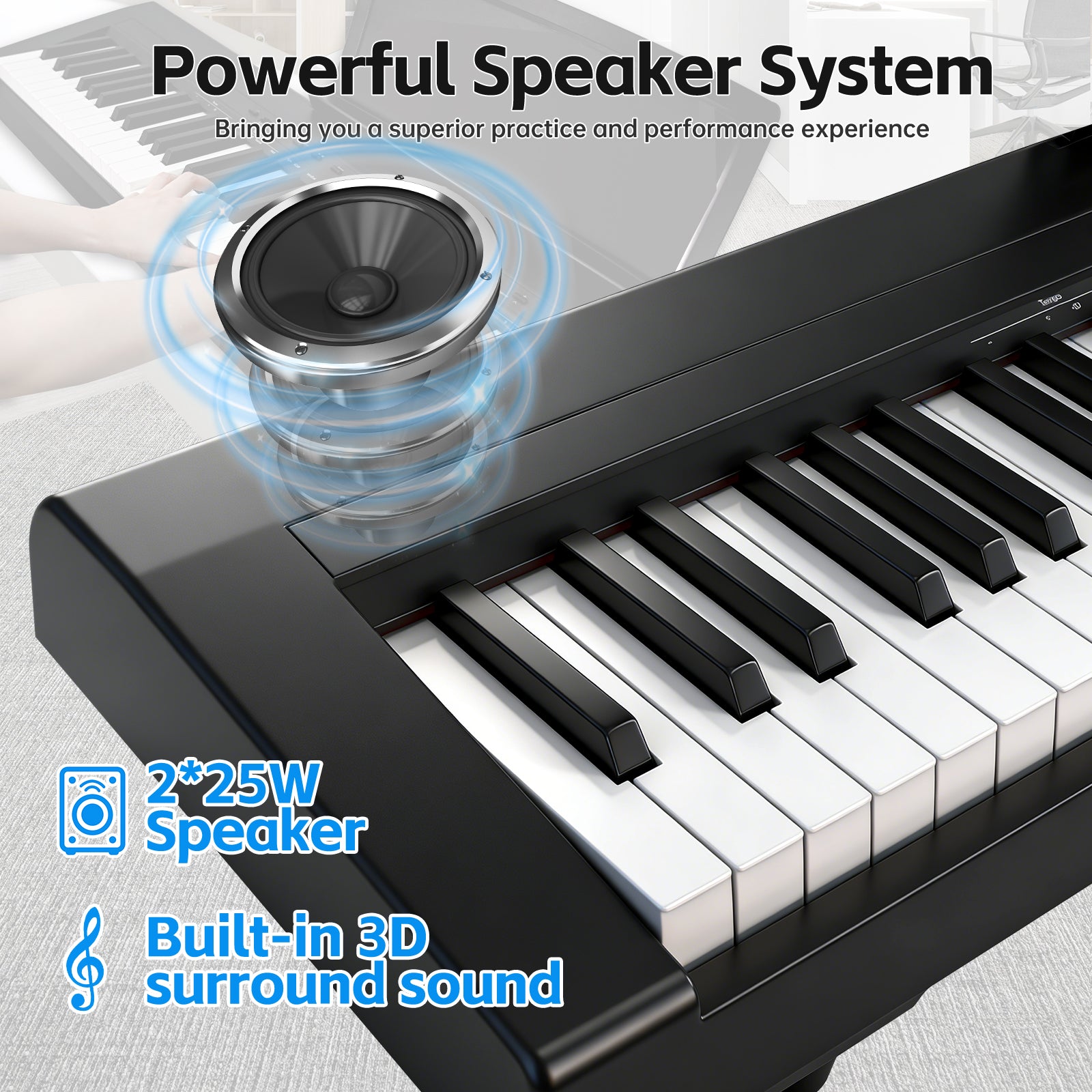 GOLDRIFF 88-key digital piano featuring dual 25W speakers with built-in 3D surround sound for home practice
