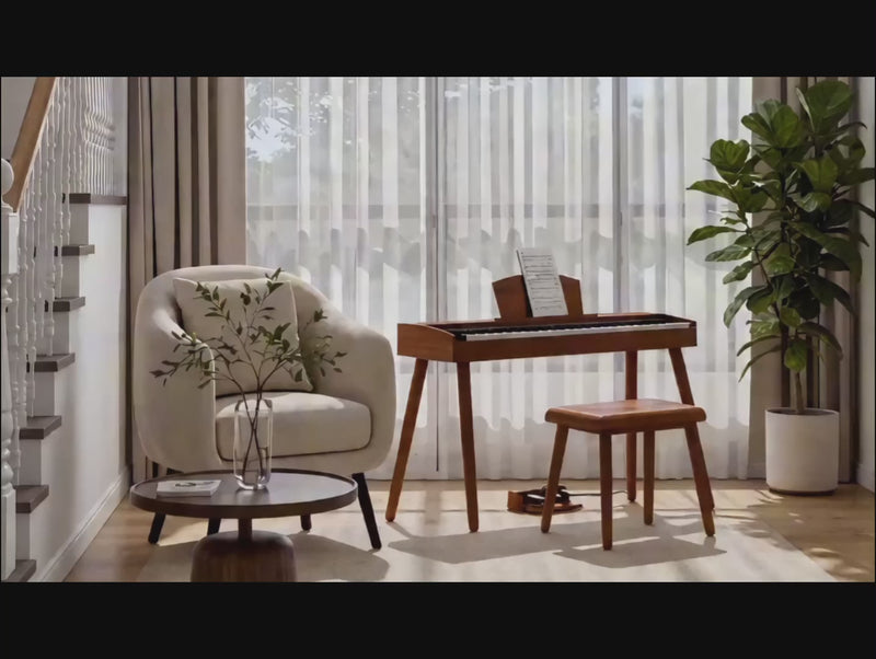 Video showcasing a wooden electric piano